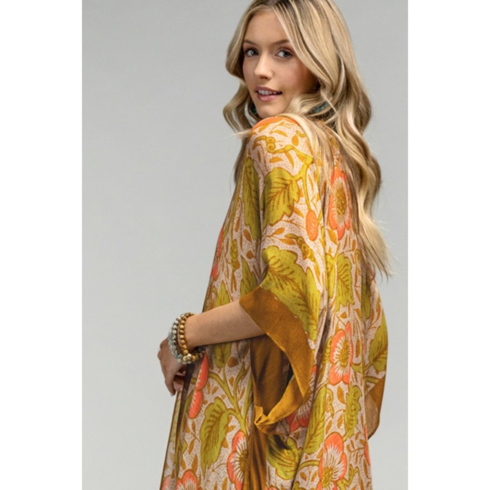 SOLD OUT Retro Vintage 70's Style Floral Leaf Print Kimono Open Wrap Coverup Top - Picture 4 of 6